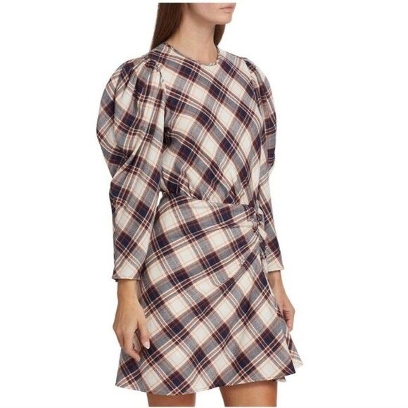 Veronica Beard Agnor plaid ink toffee multi puff long sleeve mini dress - Picture 3 of 12